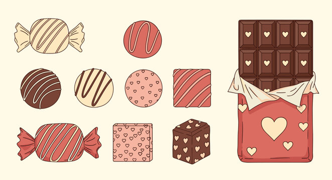 Collection of various gourmet chocolates, truffles, and an open chocolate bar with decorative hearts on cream background.