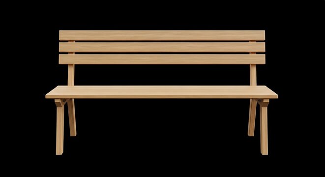 A wooden bench, crafted from light-colored wood, sits isolated against a black backdrop