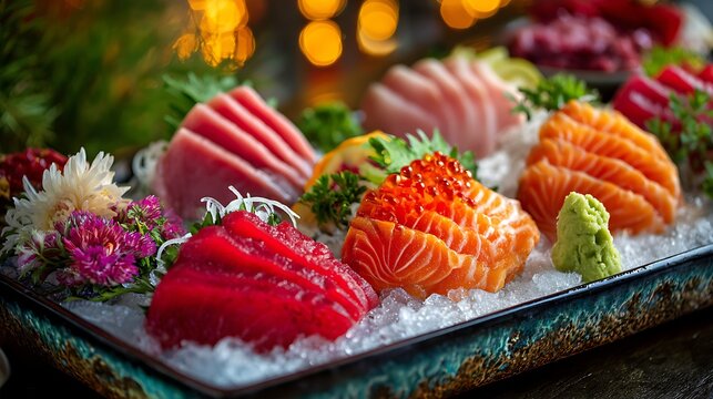 A close-up of a colorful sashimi platter on ice, garnished with greenery and flowers