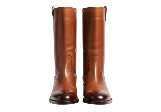A pair of tall brown leather riding boots with a shiny finish isolated on transparent background