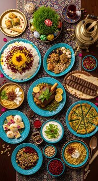 Abundant Persian Feast Spread with Nowruz Decorations