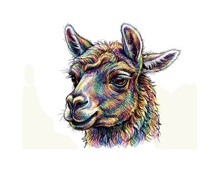 Fototapeta premium Vibrant, colorful llama portrait drawn with intricate line art and bright hues