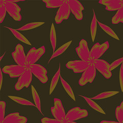 Fototapeta premium Beautiful floral pattern in vintage folk style. Hand-drawn flowers, leaves, berries on a dark background. Creative botanical backdrop for prints, wallpapers, fabrics 
