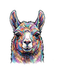 Fototapeta premium Colorful llama portrait with vibrant, textured lines and expressive eyes