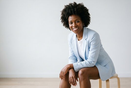 A confident and smiling African American businesswoman with a natural afro hairstyle wearing a stylish light blue blazer and sitting on a wooden stool against a clean white studio background