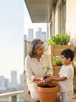 A happy grandmother and her young grandson are planting a small green seedling into a terracotta pot on a sunny apartment balcony with a beautiful city skyline view in the background