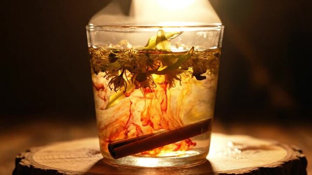 Herbal infusion process: cinnamon stick and flower buds being added to clear liquid in a glass for wellness
