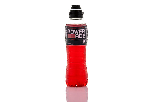 Powerade Wild Cherry isotonic sports drink in plastic bottle isolated on white background. Hydration beverage packaging photographed as illustrative editorial content.