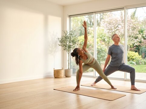 Active senior diverse couple practicing yoga in a bright modern home studio. A Black woman and Caucasian man perform stretching poses on mats in a sunlit room with large windows and garden views
