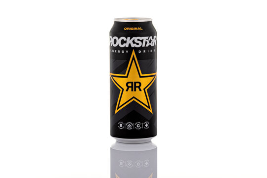 Rockstar Energy Drink original flavor aluminum can isolated on white background. Branded energy beverage packaging shown as illustrative editorial.