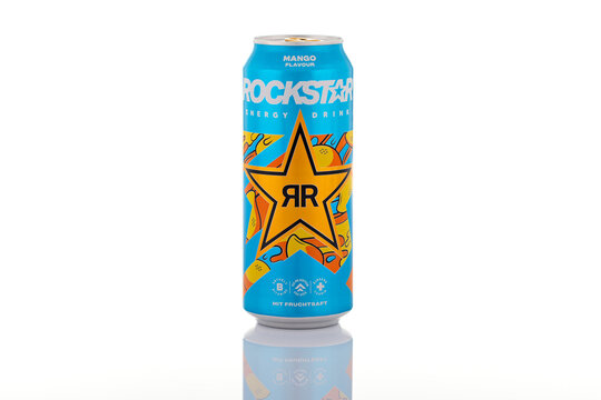 Rockstar Energy Drink mango flavour aluminum can isolated on white background. Branded caffeinated beverage photographed as illustrative editorial content.
