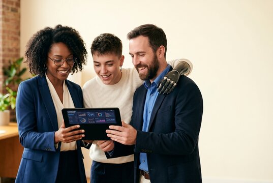 A diverse team of business professionals, including a man with a prosthetic arm, a Black woman, and a young colleague, collaborate and smile while reviewing data analytics on a digital tablet