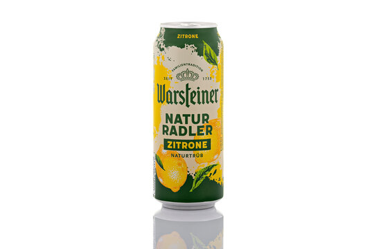 Warsteiner Natur Radler Zitrone lemon beer mix in aluminum can isolated on white background. German branded beer and lemonade beverage shown as illustrative editorial content.