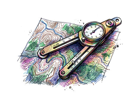 Close-up of a colorful topographic map with a vintage map measuring tool