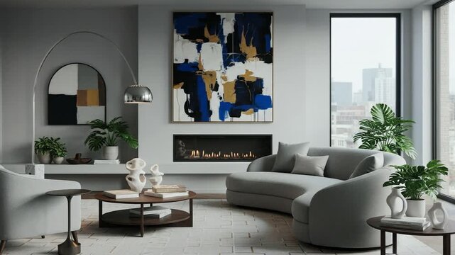 Modern interior with abstract art fireplace and designer furniture