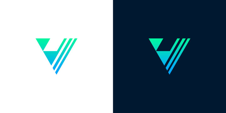 Abstract letter V logo design with gradient effect and parallel lines on white and dark backgrounds