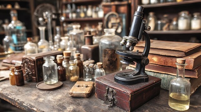 A vintage laboratory scene with microscope, bottles, books, and antique tools on a wooden surface