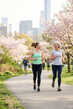 A young woman and a senior woman enjoying a morning run together in a beautiful park filled with blooming cherry blossom trees, with a modern city skyline visible in the distance