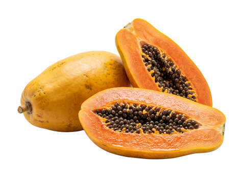 Ripe papaya fruit, one whole and two halves revealing black seeds, isolated on a white background
