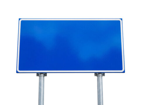 Blank blue rectangular highway road sign on metal posts isolated on a white background