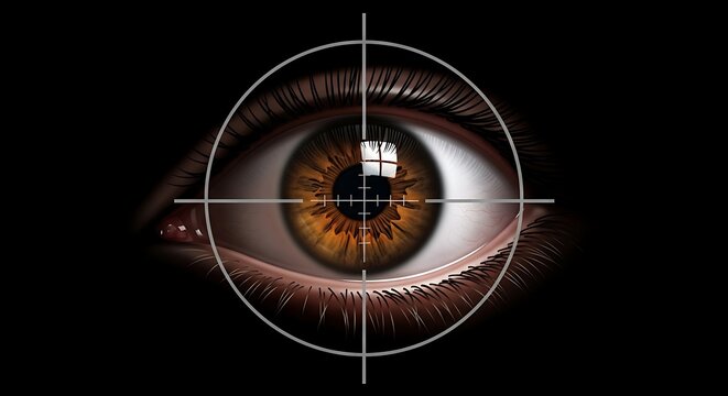 Close-up of a brown human eye with crosshairs overlay, set against a black backdrop