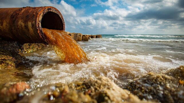 Rusty pipe discharging murky water into the ocean, environmental pollution