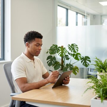 Focused African American creative professional with a hearing aid using a digital tablet and stylus at a wooden desk in a bright office environment with lush green indoor plants and natural light