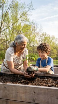 A happy grandmother and her young grandson planting a tomato seedling in a raised wooden garden bed during a sunny afternoon, teaching the child about gardening and sustainability