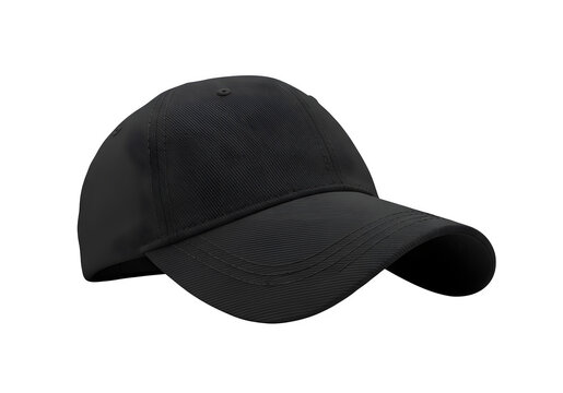 Black baseball cap with curved brim isolated on transparent background
