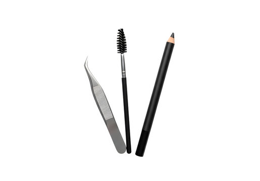 Three black and silver eyebrow makeup tools on transparent background