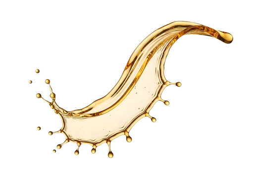 Golden liquid splash isolated on transparent background with droplets flying