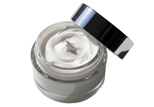 A clear jar of white cream with the lid leaning on the side, isolated on transparent background