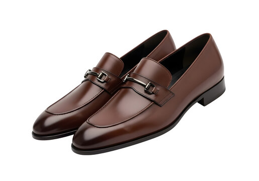 A pair of stylish brown leather loafers with silver buckles on a transparent background