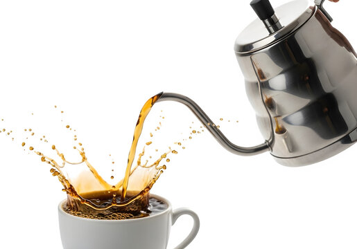 Coffee pouring into a white mug from a shiny metal kettle on isolated transparent background