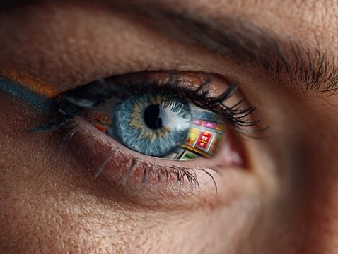 Close-Up of Eye Reflecting Colorful Gaming Machine Lights