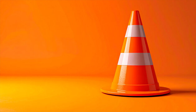 Orange traffic cone on vibrant orange background, construction road works warning, bold graphic composition