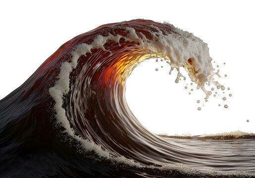 A large wave with white foam crashing on a shore isolated on transparent background