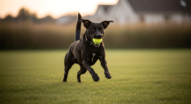 Black dog running with a yellow ball in its mouth on a grassy field during sunset, playful, active, outdoor fun