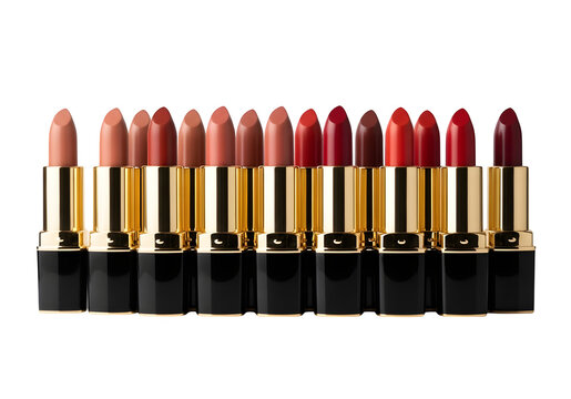 Collection of various lipstick shades in gold and black tubes isolated on transparent background