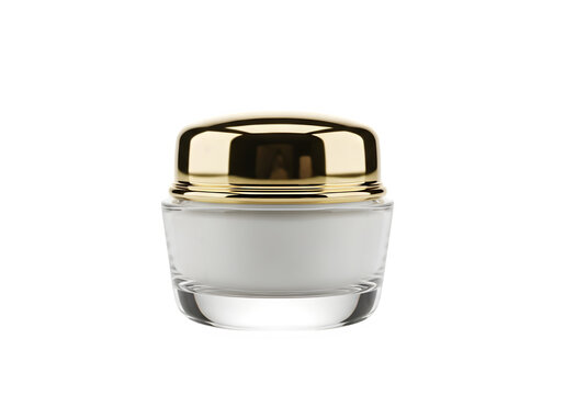 Glass jar with gold lid containing white cream isolated on transparent background
