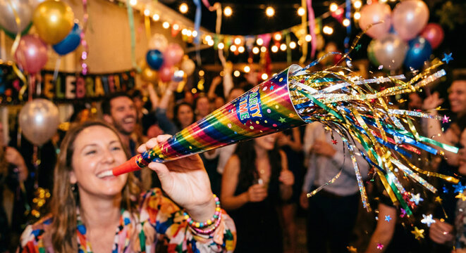 The image captures a lively moment at a celebration, with confetti flying from a party horn held by a jubilant individual who is surrounded by friends and festive decorations.