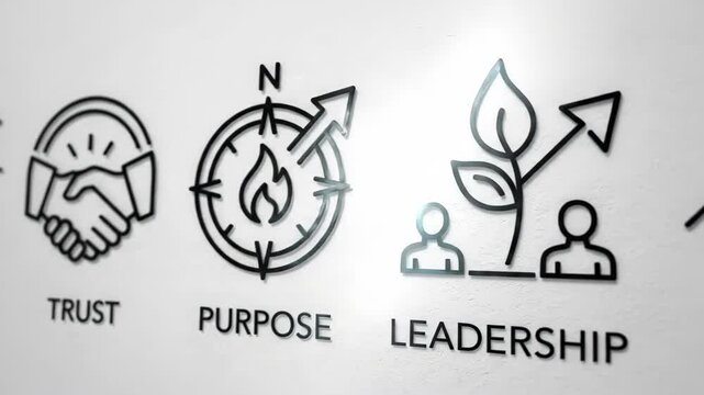 A core values icon set with integrity, mission, vision, trust, purpose, leadership, and growth symbols in editable outline style, polished corporate identity mood, ultra-realistic, no logos.