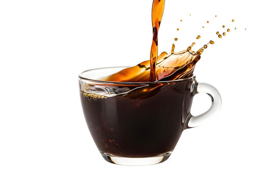 A clear glass mug filled with dark brown liquid with splashes isolated on transparent background