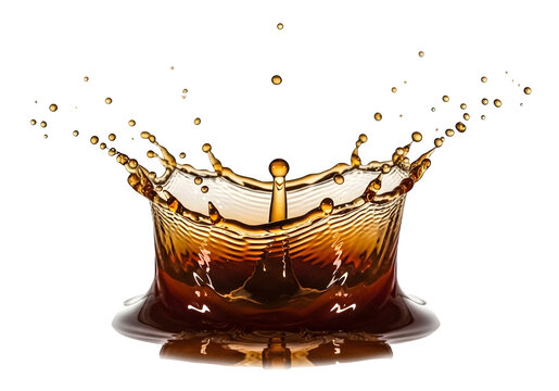 Brown liquid splashing into a puddle with ripples isolated on transparent background