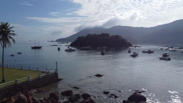 Aerial view of Ilha Grande tropical beach in Angra dos Reis with turquoise water and lush forest