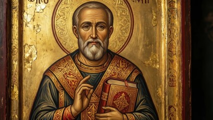 Obraz premium Byzantine Style Religious Icon Painting of Saint Bishop with Golden Halo Holding Holy Book