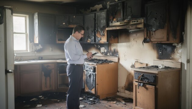 Claims specialist evaluating charred kitchen cabinets postfire noting loss extent in a residential property with focused attention.