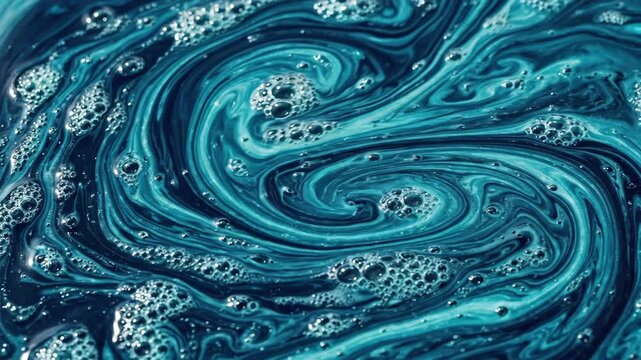 Abstract navy and turquoise fluid marbling with soft bubbles and flowing movement, deep aquatic elegance and glossy liquid depth, ultra-realistic, no logos.