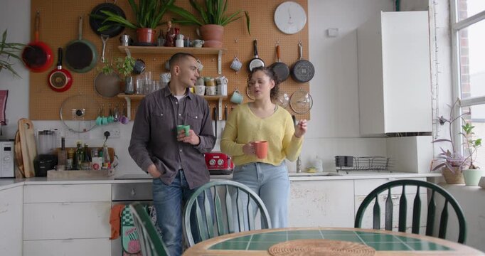 Roomies socialising over coffee in their kitchen
