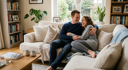 Obraz premium A man and woman in a cozy living room sharing a laugh while sitting on a couch.
